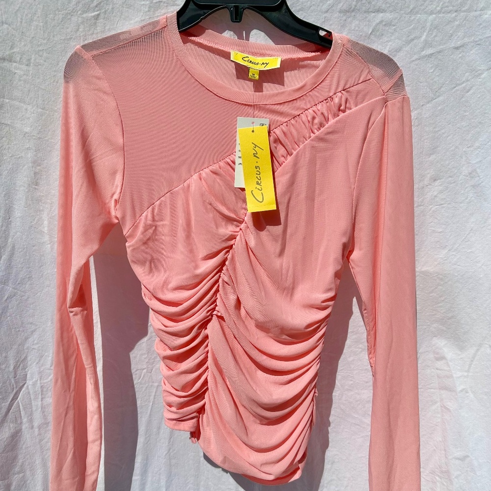 Pink Asymmetrical Mesh Rouched Long Sleeve